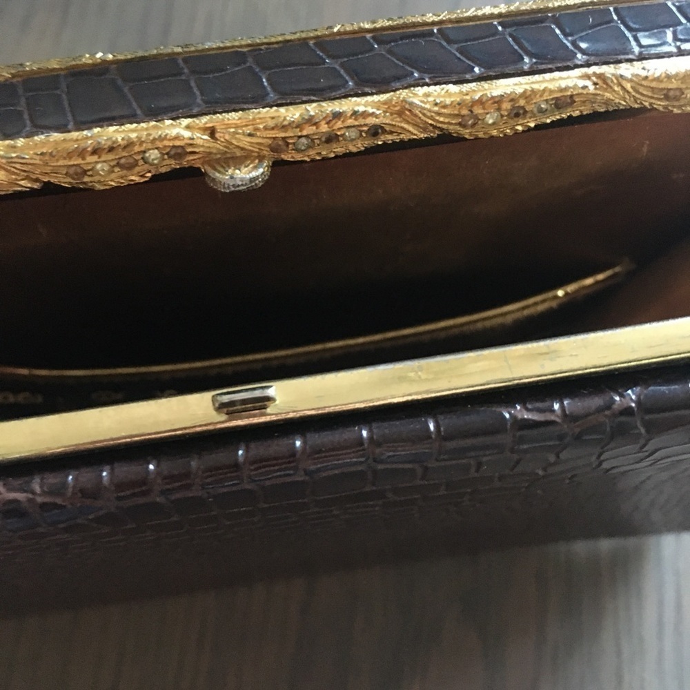 Vintage Handbag Chocolate Brown Croc Pattern with gold tone trim by After Five - Picture 9 of 16